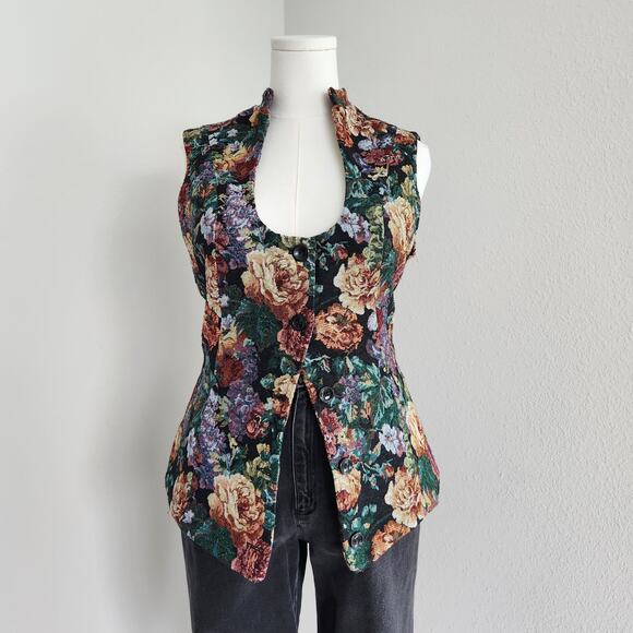 Vintage Floral Tapestry Vest Deep Scoop Sleeveless Waistcoat Boho Cottagecore M - Picture 1 of 12
